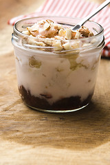 Image showing Sweet dessert in glass jar - strawberry cake