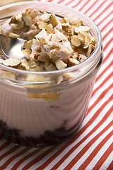 Image showing Sweet dessert in glass jar - strawberry cake