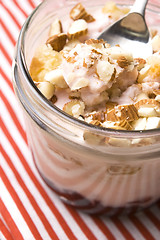 Image showing Sweet dessert in glass jar - strawberry cake