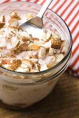 Image showing Sweet dessert in glass jar - strawberry cake