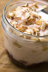 Image showing Sweet dessert in glass jar - strawberry cake