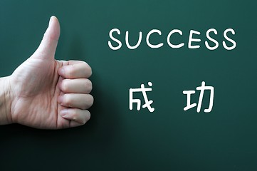 Image showing Success written on a blackboard with a thumb up