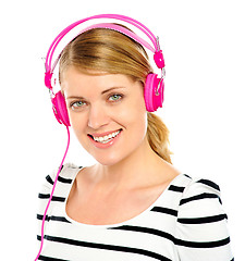 Image showing Attractive cheerful woman enjoying music