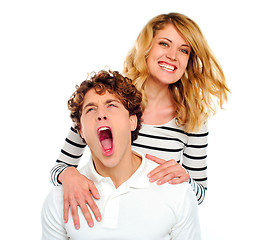 Image showing Couple, girl smiling boy yawning