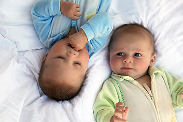 Image showing Two baby boys twin brothers