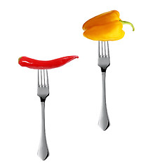 Image showing Red hot chili pepper with yellow pepper pricked on forks