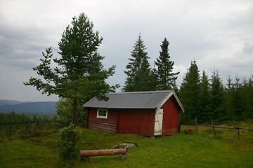 Image showing Red cottage in rainy summer landscape