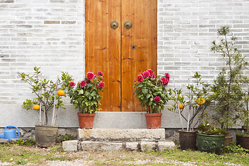 Image showing Wooden door and garden