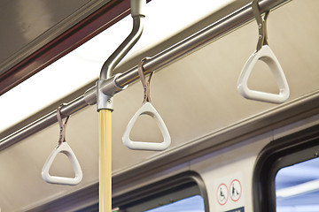 Image showing Handles for standing passenger inside a train