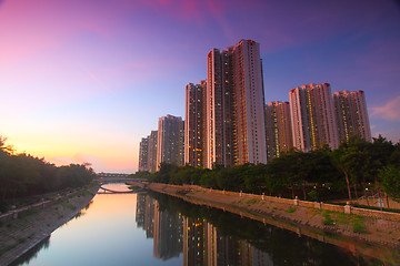 Image showing Tin Shui Wai downtown at sunset in Hong Kong