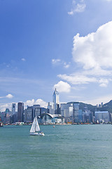 Image showing Hong Kong with sail boat at day along Victoria Harbour