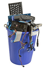 Image showing electronic scrap in blue trash can