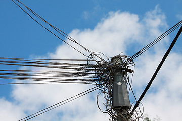 Image showing Electic wires under blue sky