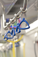 Image showing Handles for standing passenger inside a train