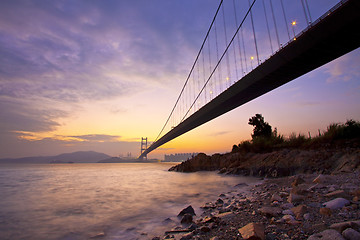 Image showing Tsing Ma Bridge in Hong Kong at sunset time