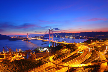 Image showing Tsing Ma Bridge at sunset time in Hong Kong