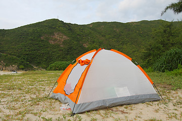 Image showing Wild camping on beach with tent
