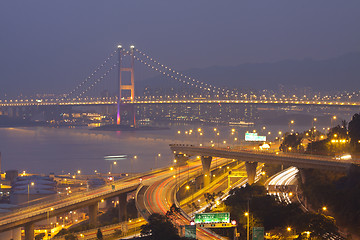 Image showing Tsing Ma Bridge and highway at sunset, show the modern landscape