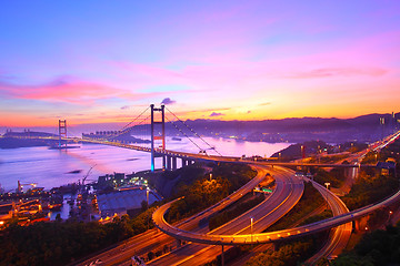 Image showing Tsing Ma Bridge at sunset moment in Hong Kong