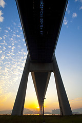 Image showing Tsing Ma Bridge landmark in Hong Kong under sunset