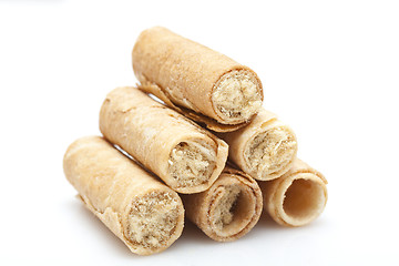 Image showing Hong Kong cake roll with pork inside, on white background.