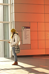 Image showing Asian girl in train station waiting someone