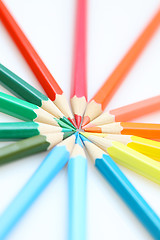 Image showing Color pencils in arrange in color wheel colors on white backgrou
