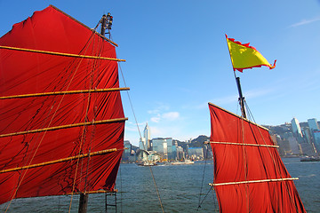 Image showing Junk boat flag along the harbour in Hong Kong