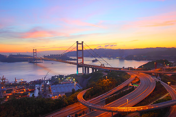 Image showing Tsing Ma Bridge in Hong Kong at sunset time