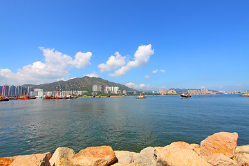 Image showing Coastal landscape in Hong Kong at daytime, with many residential