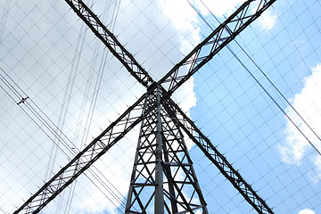 Image showing Special type of power transmission tower with cables 