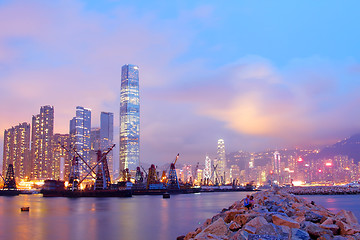 Image showing Hong Kong harbour with moving ships at dusk