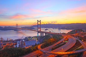 Image showing Tsing Ma Bridge in Hong Kong at sunset time