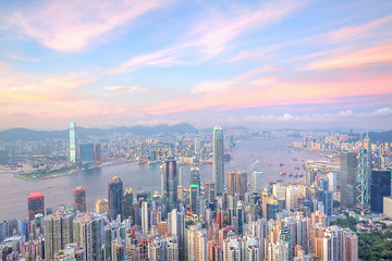 Image showing Hong Kong at sunset time with many office buildings