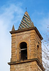 Image showing Church belfry with colorful conical roof in Piazza Armerina, Sicily, Italy