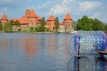 Image showing Zorbing on water near Trakai castle Galve lake 