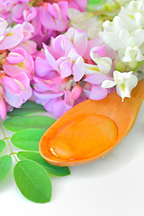 Image showing honey in a wooden spoon with acacia flowers