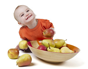 Image showing baby with apples and pears