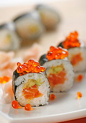 Image showing sushi with salmon and red caviar