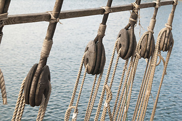 Image showing Rigging of an ancient sailing vessel