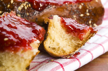 Image showing Sweet bread ( challah ) with strawberry jam