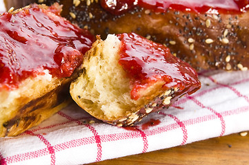 Image showing Sweet bread ( challah ) with strawberry jam