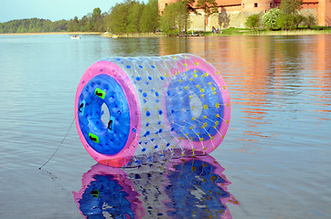Image showing Zorb air bubble on Lake Galve water Trakai Castle 