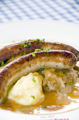 Image showing Grobe sausage bratwurst with mashed potatos sauerkraut