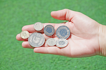Image showing Total set of swiss franc coins hold in open hand 