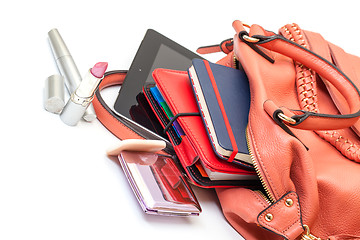 Image showing Pink Leather Ladies Handbag with Tablet PC