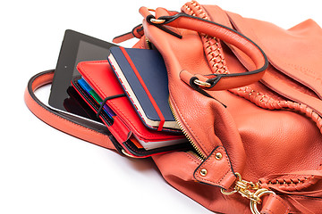 Image showing Pink Leather Ladies Handbag with Tablet PC