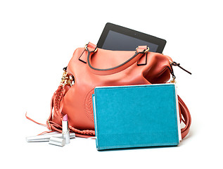 Image showing Pink Leather Ladies Handbag with Tablet PC