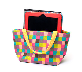 Image showing Vibrant Cloth Ladies Handbag with Tablet PC