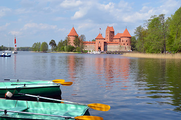 Image showing Boats water bikes on Galve lake Trakai Castle 